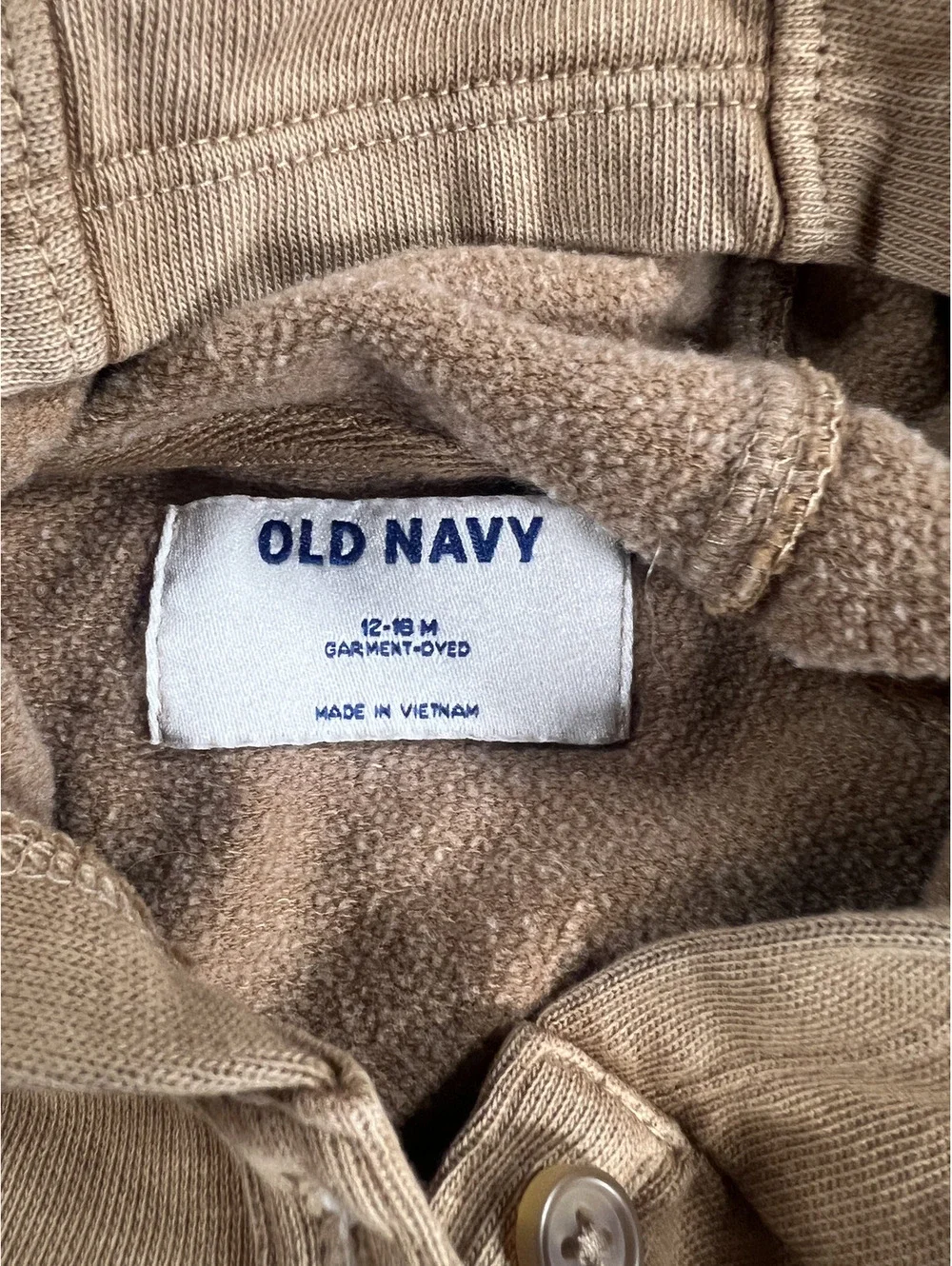Old Navy Toddler Sun Washed Tan/Brown Button Hoodie Sweatshirt 12-18 Months